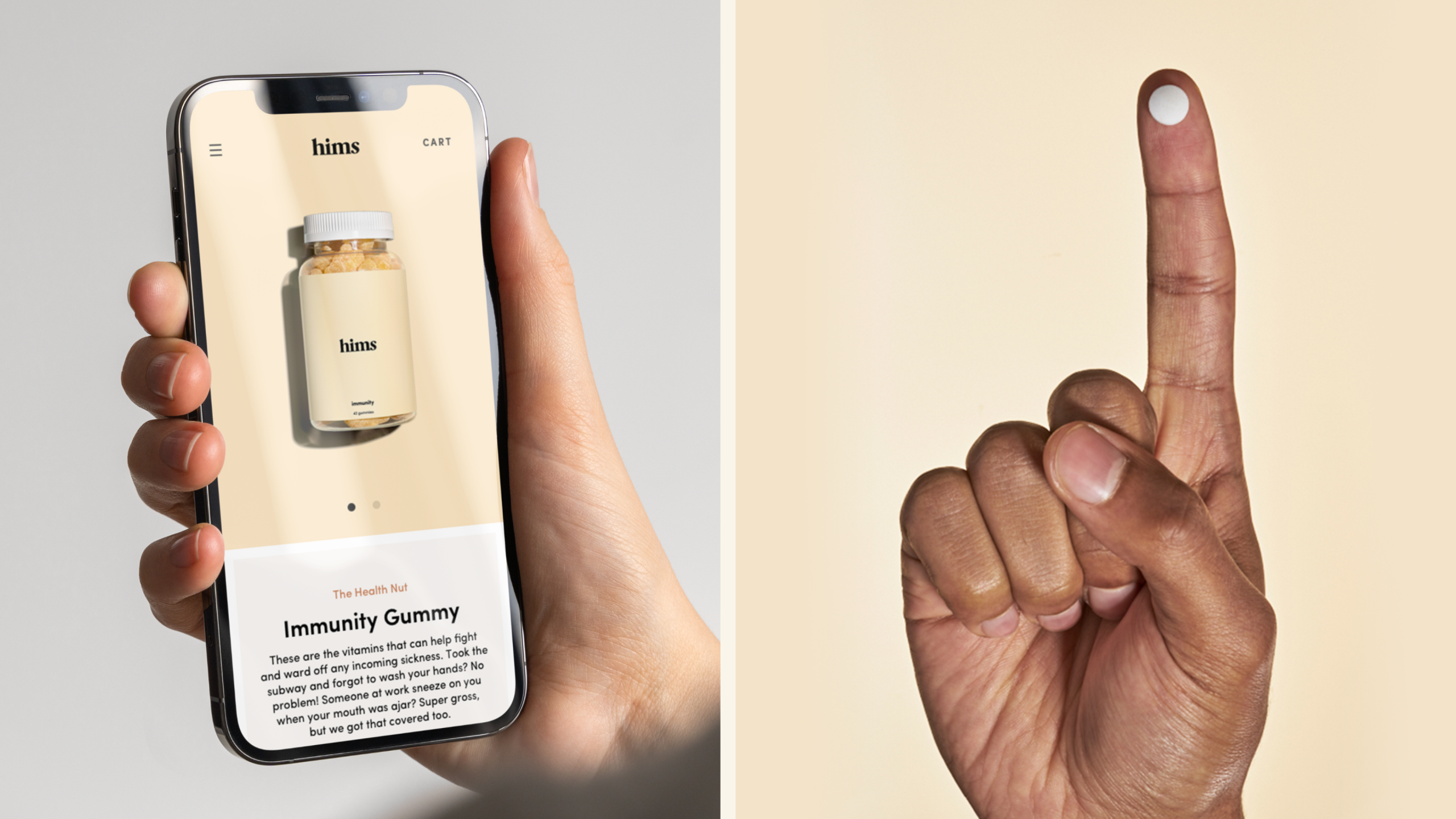Hims Immunity Gummy product page shown on a smartphone beside a raised index finger, from a digital health brand campaign.