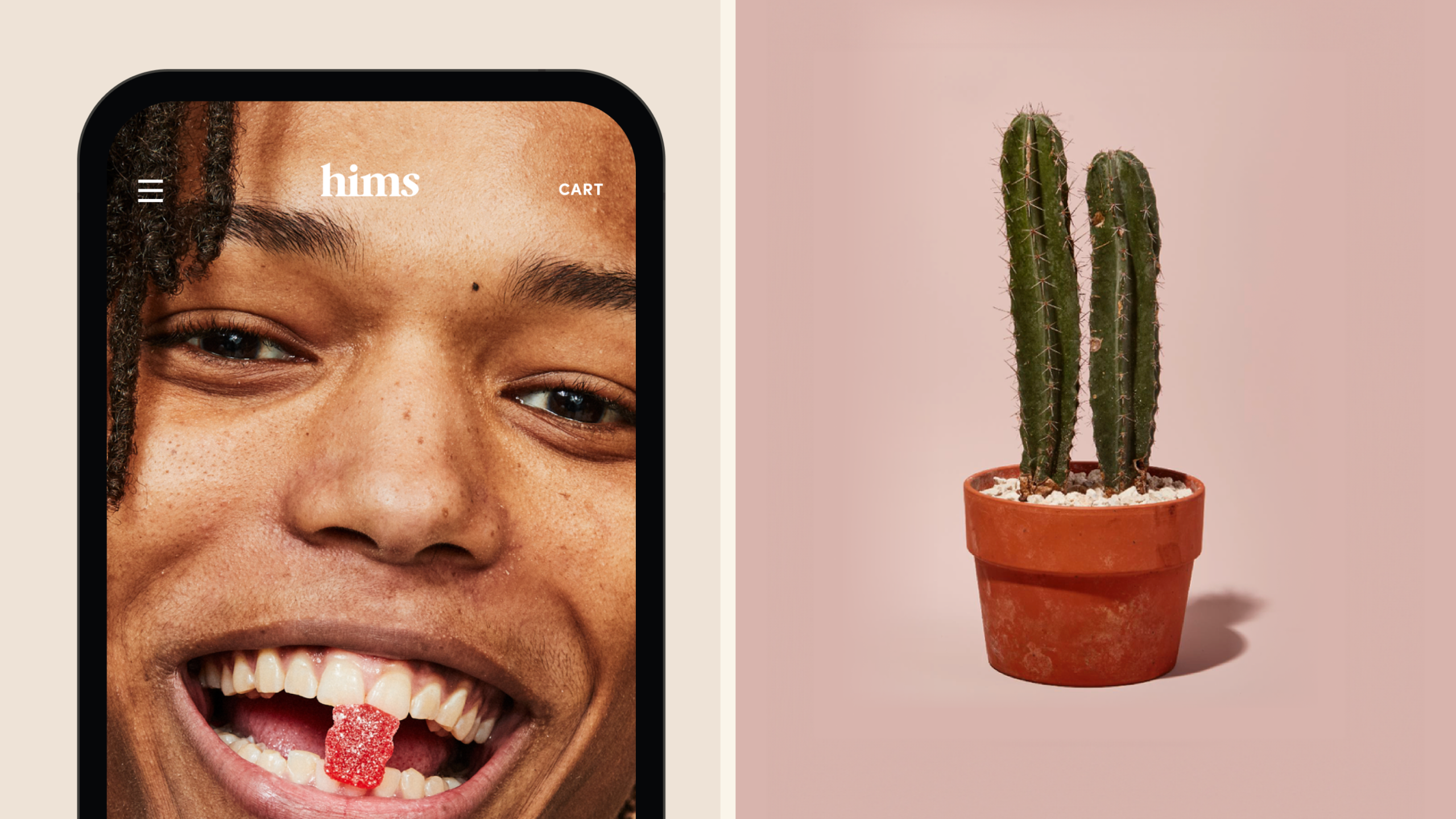 Hims mobile website showing a smiling person with an Immunity Gummy beside a cactus in a terracotta pot.
