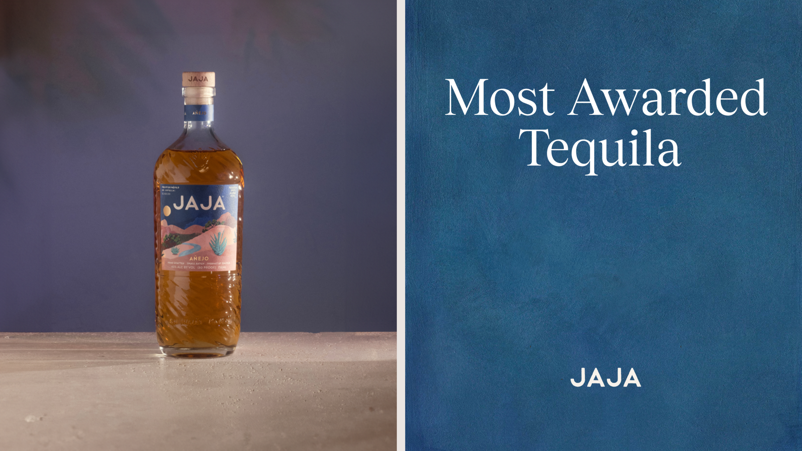 JAJA Tequila Añejo bottle against a deep blue wall beside the words “Most Awarded Tequila”.