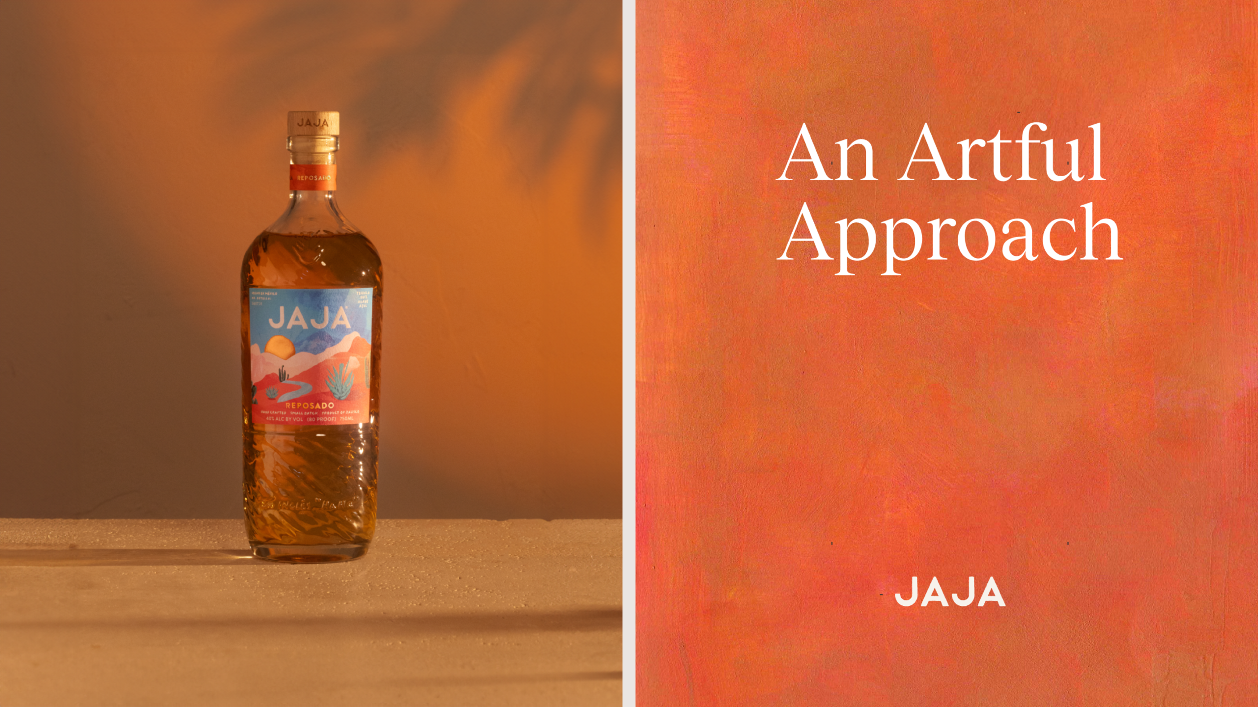 JAJA Tequila Reposado bottle against an amber wall beside the words “An Artful Approach”.