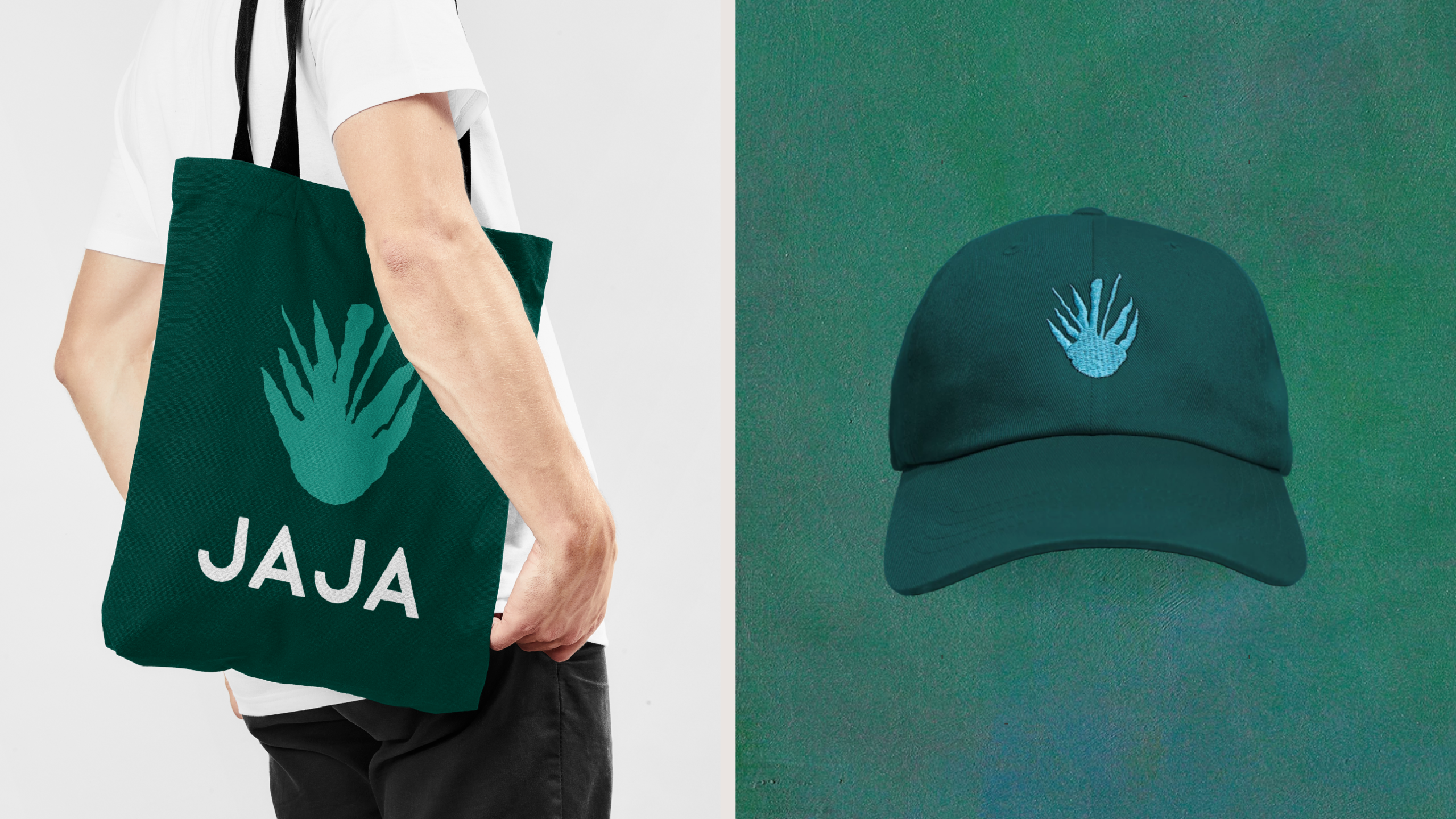 Person carrying a dark green JAJA tote bag beside a dark green cap with the JAJA hand logo.