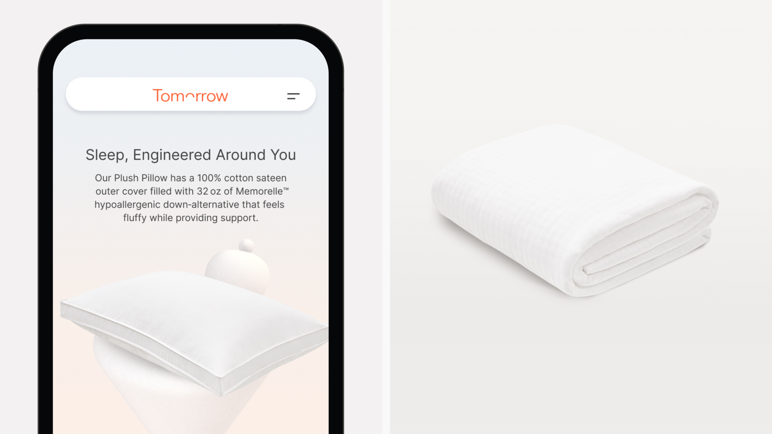 Tomorrow mobile website showing a pillow product page beside a folded white pillowcase.
