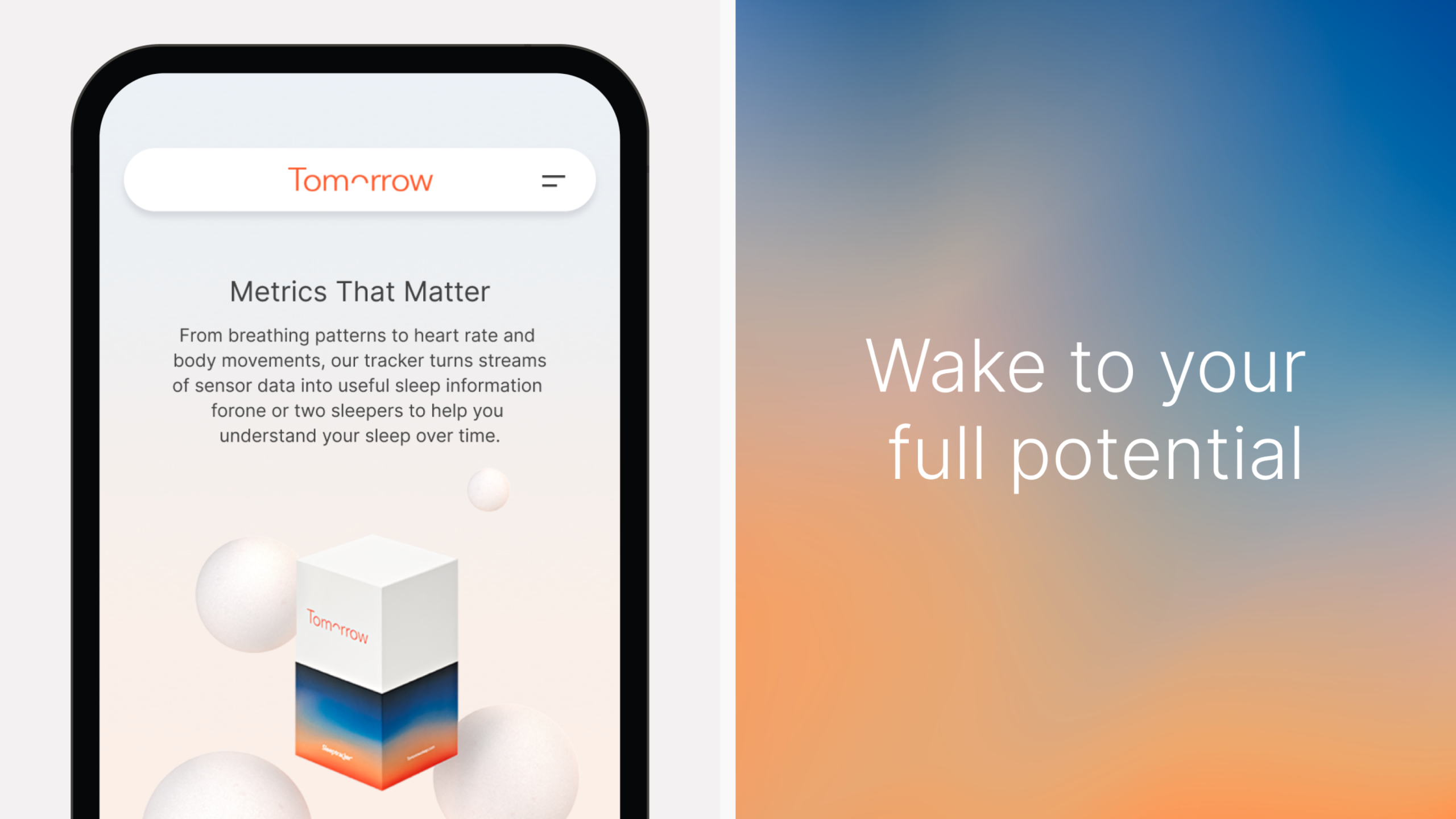 Tomorrow sleep-tracking mobile app showing sleep metrics beside the message “Wake to your full potential”.