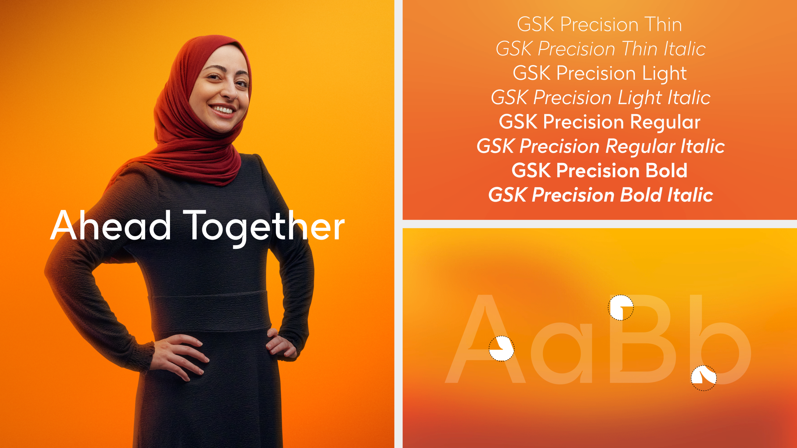 GSK biopharma brand identity showing a woman against an orange background, the words “Ahead Together”, GSK Precision typeface and orange gradient typography.