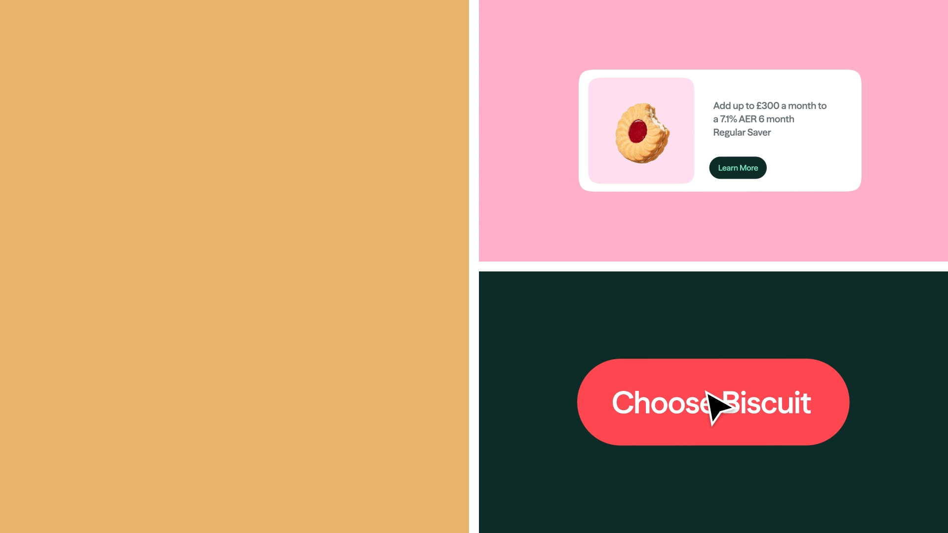 Zopa Bank Biscuit current account digital brand identity featuring bold typography, colourful modular layouts, savings benefits and interactive banking app elements.
